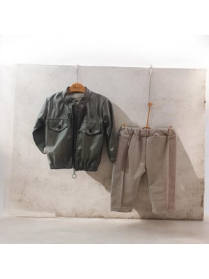 Erkek Bebek Deri Ceketli 3'lü Kombin Takım