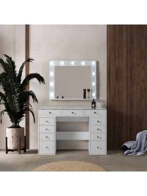 Flances Işıklı Aynalı Kulis Makyaj Masası Cam Tablalı Takı Düzenleyici