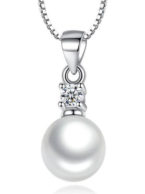 Kumi 925 Ayar Gümüş Zirkon Taşlı Incili Zincirli Kolye Hediyelik