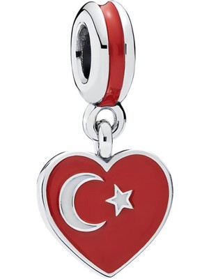 Kumi 925 Ayar Gümüş Kalpli Türkiye Bayrağı Figürlü Sallantılı Charm