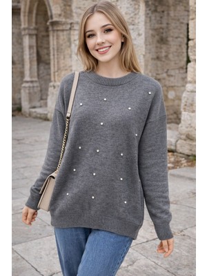 Moda Kadın Taş Detaylı Triko Kazak – Bordo Lacivert Gri Krem Günlük Kazak