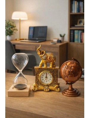 Marsilyan 3’lü Masa Üstü Seti – Fil Figürlü Saat, Manyetik Kum Saati ve Bronz Dünya Küresi - Premium Hediye