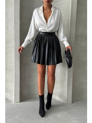 Lior Design Siyah Piliseli Yüksek Bel Etek BCHN-25261564