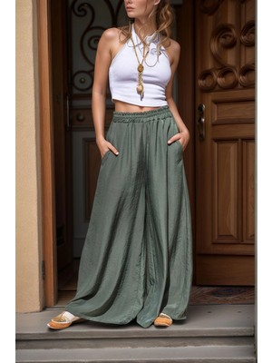 Lior Design Haki Beli Lastikli Cepli Bol Paça Yumuşak Dokulu Salaş Pantolon BCBSK-25700-3391