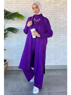 Julude Yaka Işlemeli Triko Bluz Pantolon Hırka Tesettür Üçlü Takım P-00008787