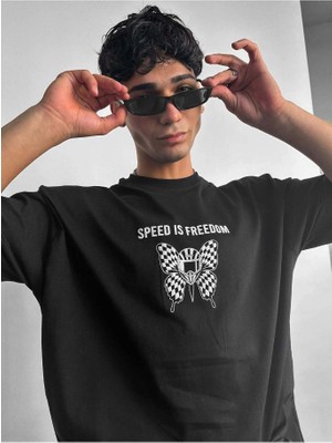 Elku Moda Kask Kelebek Baskılı Oversize Tişört Arkası Büyük Motivasyon Desenli %100 Pamuklu Streetwear T-Shirt