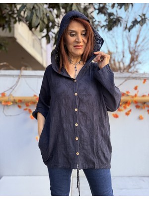 Denizege Butik Brode Desen Gömlek Kapüşonlu Lacivert