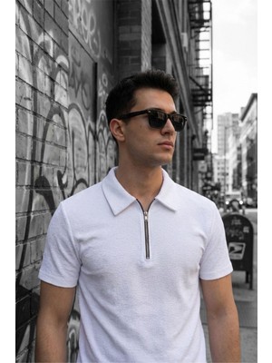 Oksit Robb Erkek Yarım Fermuarlı Dokulu Polo Yaka Kısa Kollu Slim Fit Tişört