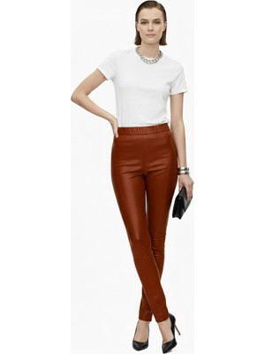 Deriderim Konyak Kadın Beli Lastikli Cepsiz Tayt Hakiki Streç Deri Pantolon