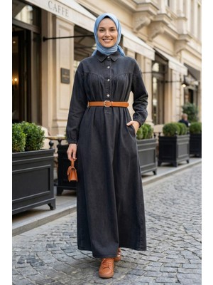 Kadın Kemerli Düğmeli Siyah Kot Tesettür Elbise