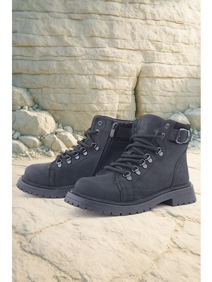 Rakerplus Gerçek Kürklü Hakiki Deri Siyah Nubuk Bağcıklı Fermuarlı Çocuk Kar Botu