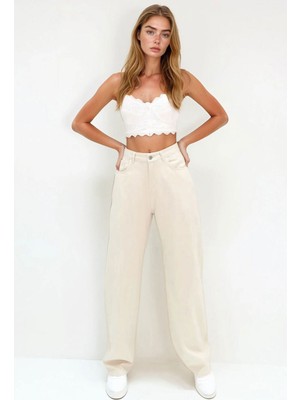 Lior Design Bej Yüksek Bel Beş Cepli Wide Leg Yazlık Gabardin Pantolon BCHNW-251182