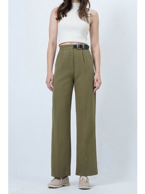Lior Design Haki Kemerli Düğme Kapamalı Çift Cepli Palazzo Pantolon BCHAV-251230
