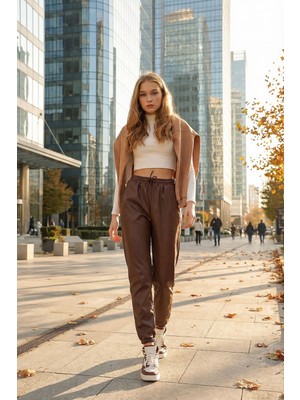 Lior Design Çikolata Çift Cepli Bel ve Bilek Lastikli Içi Şardonlu Casual Suni Deri Pantolon BCHYL-251226