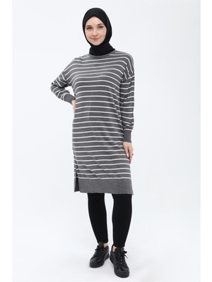 İlmek Kadın Çizgili Uzun Triko Tesettür Tunik 4355
