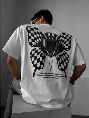 Elku Moda Kask Kelebek Baskılı Oversize Tişört Arkası Büyük Motivasyon Desenli %100 Pamuklu Streetwear T-Shirt