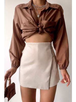Lior Design Bej Fermuar Detaylı Süet Şort Etek BC231014