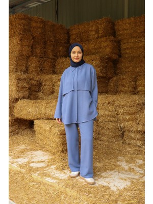 İlmek 51835 Kadın Pamuk Keten Pantolonlu Takım Indigo