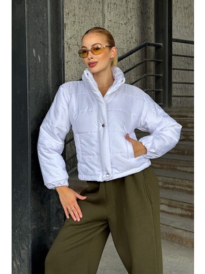 Lior Design Beyaz Çift Cepli Kapitone Şişme Mont BCVL-25N1002