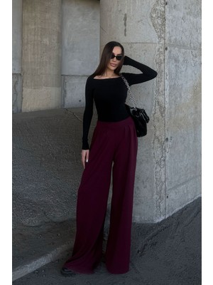 Lior Design Bordo Pile Detaylı Ispanyol Ultra Soft Kumaş Pantolon BCDF-25P0002