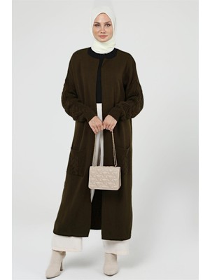 İlmek Kadın Kolu Saç Örgülü Cepli Garnili Triko Kimono Hırka 4204