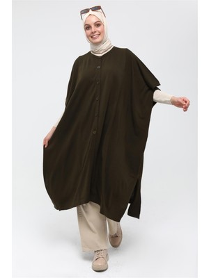 İlmek Kadın Düğmeli Uzun Salaş Kışlık Triko Panço 4253