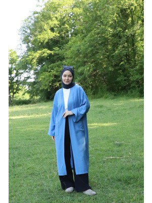 İlmek 5301 Kadın Cepli Kemerli Uzun Kimono Indigo