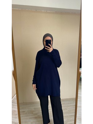 İlmek 22177 Kadın Kalıp İnce Triko Basic Kazak Lacivert Uzun Kol Günlük Stil