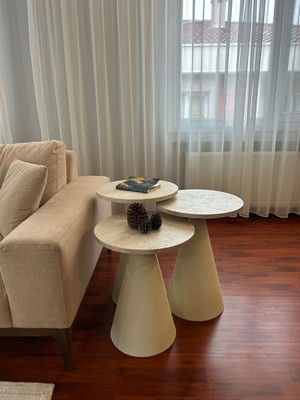 Desping Bottle 3 'lü Mantar Bohem Modern Sehpa Traverten Suntalam Tabla Alüminyum Gövde