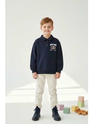 Lupinn Erkek Çocuk Sweatshirt Ayıcık Baskılı Lacivert Polo Yaka Düğmeli Günlük ve Özel Gün