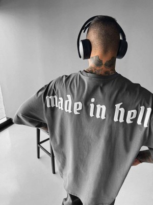 Elku Moda Made In Hell Slogan Gotik Oversize Tişört %100 Pamuklu Bisiklet Yaka T-Shirt Salaş Dökümlü Bol