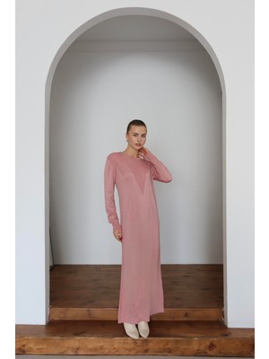 İlmek 25015 Kadın V Desen Premium Iplik Triko Elbise Pembe