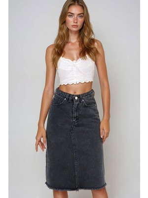 Lior Design Antrasit Yüksek Bel 5 Cepli Midi Boy Jean Etek BCHNW-251181