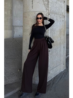 Lior Design Kahverengi Pile Detaylı Ispanyol Ultra Soft Kumaş Pantolon BCDF-25P0002