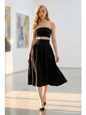 Lior Design Siyah Yüksek Bel Geniş Kemerli Gizli Fermuarlı Midi Boy Dokulu Etek BCHNT-251236