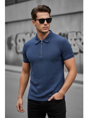 Oksit Robb Erkek Yarım Fermuarlı Dokulu Polo Yaka Kısa Kollu Slim Fit Tişört