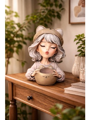 Gardenya Kedi Kız Saksı & Kalemlik Dekoratif Obje