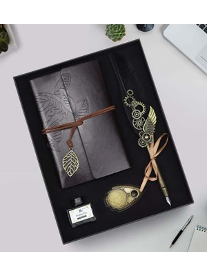 Tüylü Divit Kalem ve Deri Kapaklı Vintage Anı-Seyahat Defteri Seti