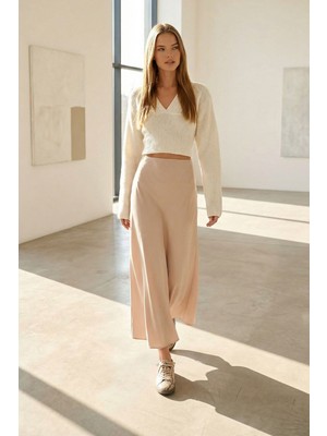 Lior Design Bej Yüksek Bel Basic Saten Etek BCHCA-251231