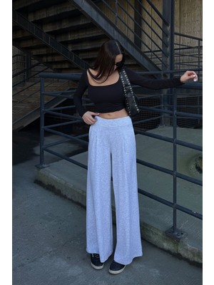 Lior Design Gri Cepli Ispanyol Paça Ultra Soft Kumaş Pantolon  BCDF-25P0001