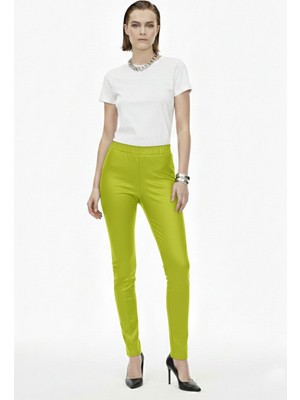 Deriderim Yeşil Kadın Beli Lastikli Cepsiz Tayt Hakiki Streç Deri Pantolon