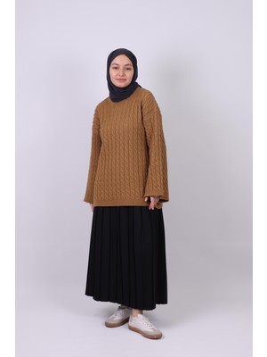 İlmek 25002 Saç Örgü Detaylı Kimono Kollu Kazak Sütlü Kahve