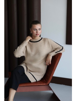 İlmek 25024 Kadın Çizgi Detaylı Yumuşak Dokulu Uzun Kazak Vizon