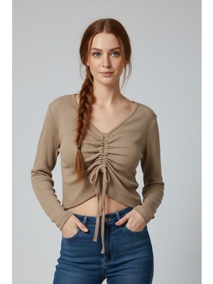 Libas Verda Sütlü Kahve Uzun Kollu Kaşkorse Crop Bluz Büzgülü V Yaka