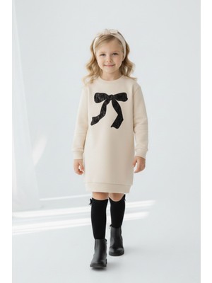 Lupinn Kız Çocuk Elbise Fiyonk Baskılı Krem Sweatshirt Elbise Uzun Kollu Günlük ve Özel Gün
