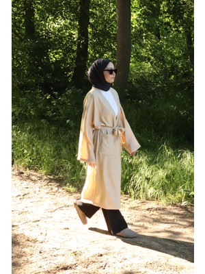 İlmek 5301 Kadın Cepli Kemerli Uzun Kimono Vizon