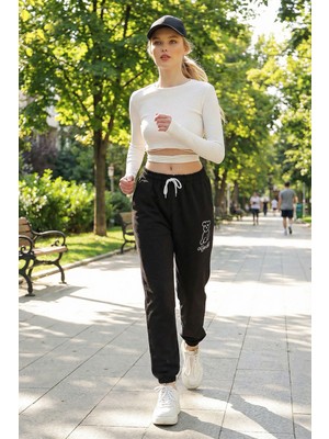 Lior Design Siyah Ayıcık Baskılı Paçası Lastikli Iki Iplik Eşofman Altı BCHYL-251258