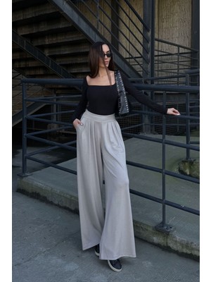 Lior Design Bej Pile Detaylı Ispanyol Ultra Soft Kumaş Pantolon BCDF-25P0002