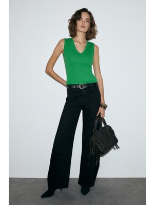 Grimelange Lescosa Kadın Slim V Yaka Kolsuz Yeşil T-Shirt