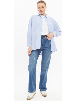 İlmek 24020 Kadın Oversize Balon Kol Gömlek Mavi